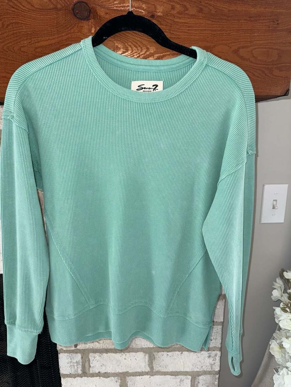 Seven7 Women's Long Sleeve Waffle Crewneck Pullover Top